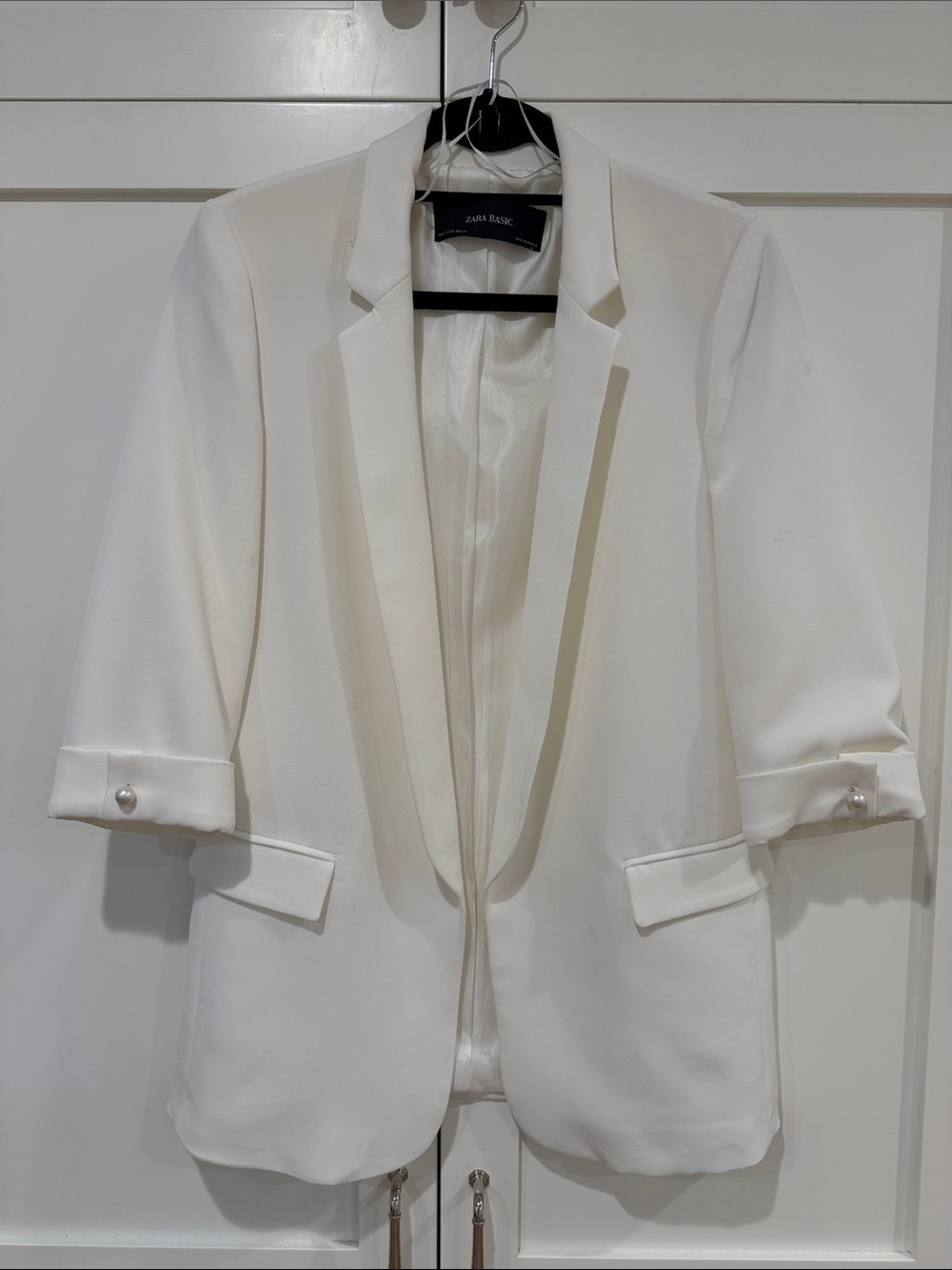 Zara White Open-Front Blazer with 3/4 Sleeves